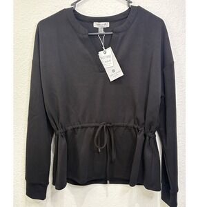 Cable & Gauge Studio Womens Jet Black Split V-Neck Drawstring Top NWT Small